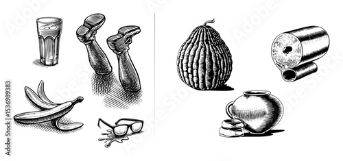 Vector Still life arrangement featuring diverse objects in a vintage engraving style.