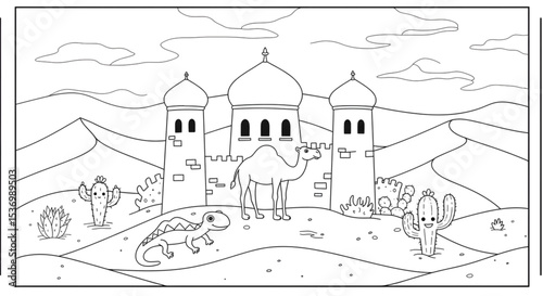 Desert Oasis Coloring Page Camel, Castle, and Cactus