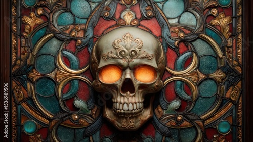 Ornate stained glass window depicting a skull with glowing eyes, gothic aesthetic