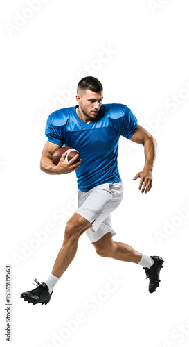 High-Energy Action Shot of a Male Athlete Running with a Football in a Dynamic Pose