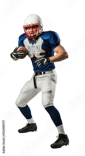 Dynamic Action Shot of a Football Player Preparing for a Play on the Field in Full Gear