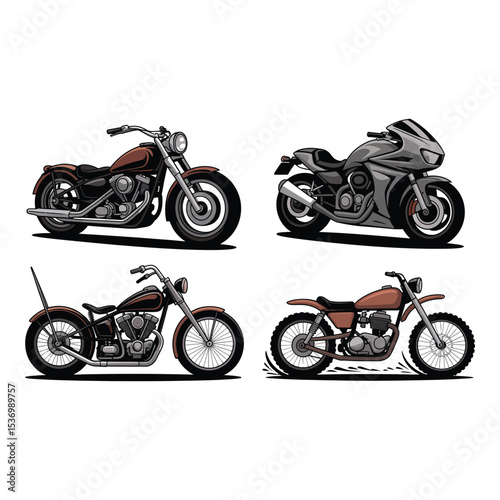 Four different motorcycle styles isolated on white background