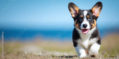 Energetic puppy running on grass with a happy expression, set against a blurred ocean backdrop. Adorable, playful, and full of life!