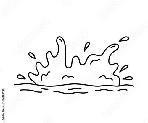 Splash of water with splatters, waves and drops isolated on a white background. Vector hand-drawn illustration in doodle style. Perfect for decorations, logo, various designs.