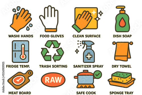 Kitchen hygiene icons: handwashing, sanitizing, recycling, cooking safety