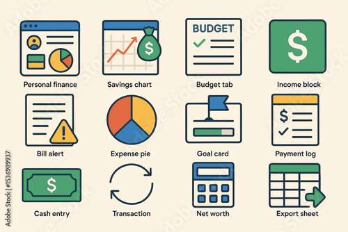 Budgeting and finance icon set featuring charts and financial tools