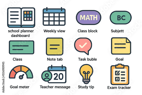 Academic planner icons: calendar, math, notes, tasks, goals, study tips