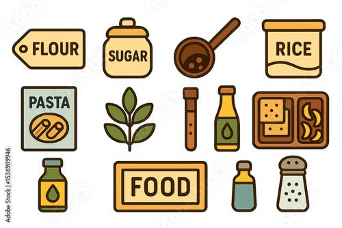 Collection of various cooking ingredients and seasonings icons on yellow background