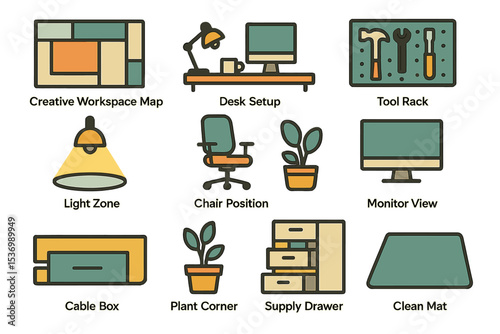 Creative workspace elements with modern desk setup, tool rack, and office supplies