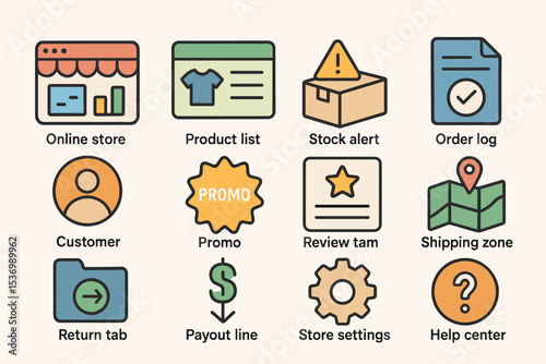 Colorful e-commerce icons for online store management and customer support