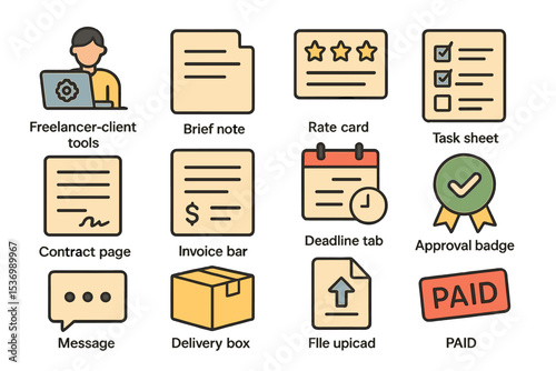 Business icons set featuring freelancer tools and project management symbols