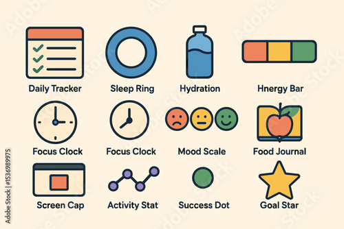 Fitness icons set: daily tracker, sleep ring, hydration, focus clock, mood scale, food journal