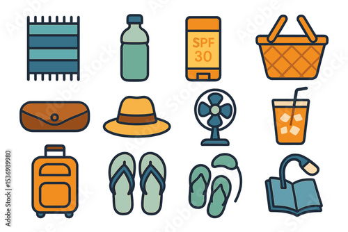 Summer essentials icons: beach towel, spf bottle, picnic basket, sun hat, flip-flops, fan, suitcase