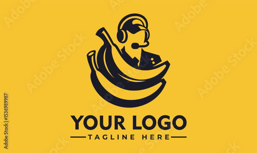 Cheerful cartoon banana character with a happy face wearing a headset, emerging from a peeled banana. Communication and fun concept