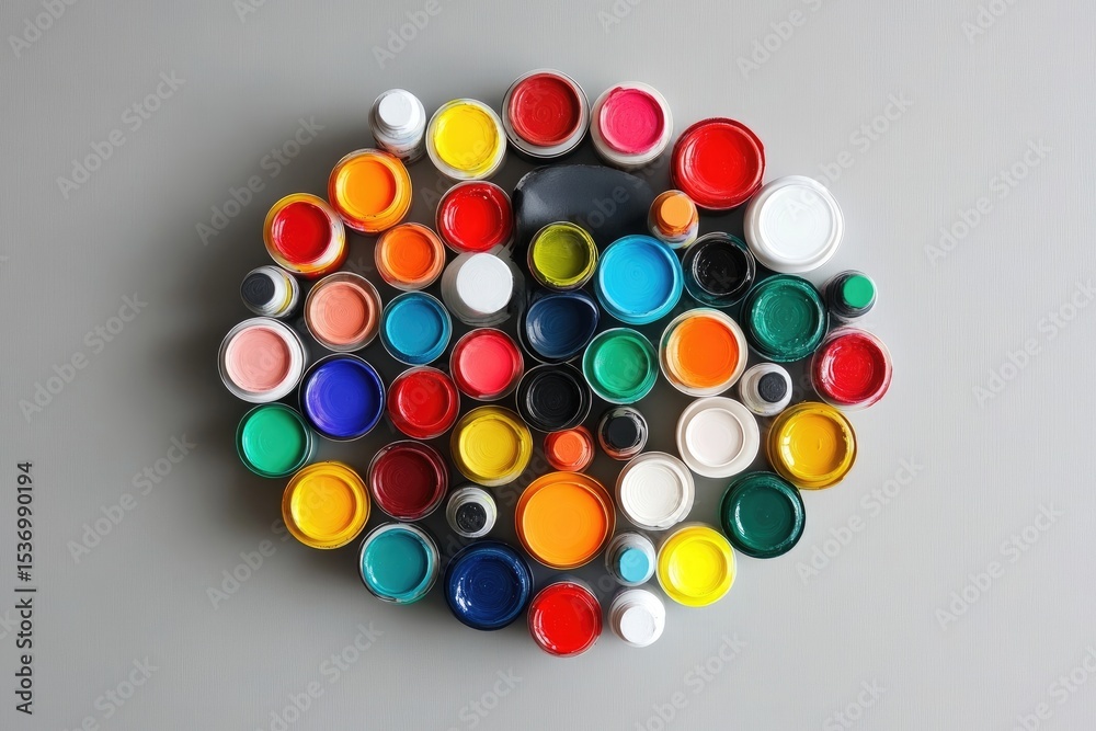 Colorful paint containers arranged in a circle Colorful paint containers arranged in a circle