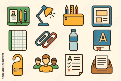 Colorful office and school supplies icons set