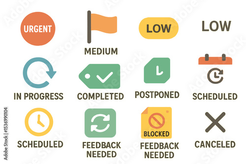 Project management icons: urgent, medium, low, in progress, completed, scheduled