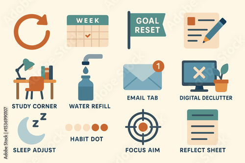 Productivity icons: study, water, email, declutter, sleep, habit, focus, reflect