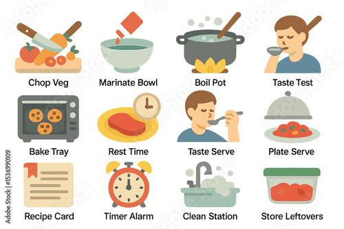 Cooking process steps icons: vegetables, cooking, timer, serving, cleaning, storage