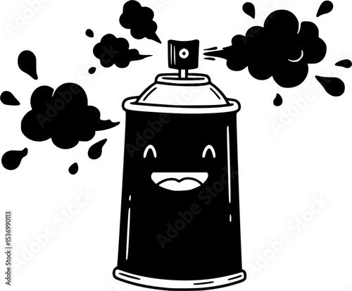 Cartoon illustration of a happy spray can emitting a cloud of artistic design
