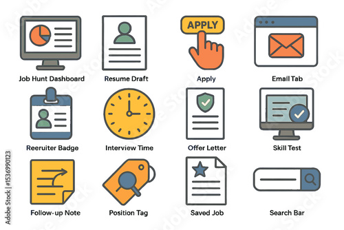 Job application essentials: dashboard, resume, apply, email, interview icons
