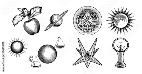 Vector Celestial and botanical emblems showcase vintage astrological symbols and natural forms.