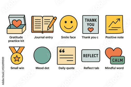 Gratitude icons: journal, smile, thank you, positive note, calm reflections