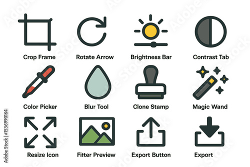 Essential image editing icons: crop, rotate, brightness, contrast, and more