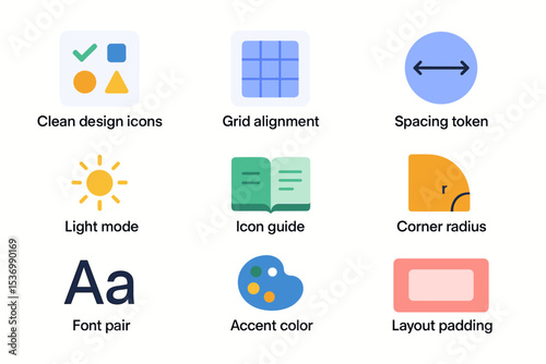 User interface design elements illustrated: icons, alignment, spacing, modes, guides, radius, fonts, colors, padding