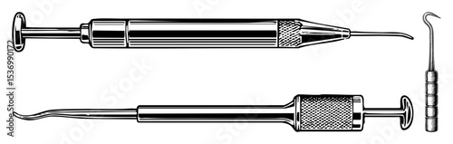 Vector Vintage medical syringes and dental tools are displayed in a detailed .