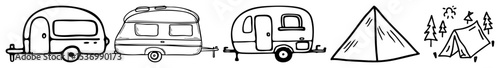 Vector Camping vehicles and tent vector illustrations set.