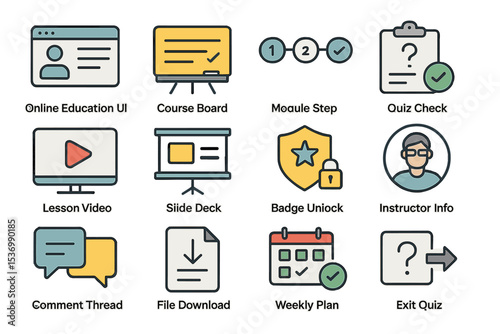 Online education icons: course board, quiz check, lesson video, badge, instructor info