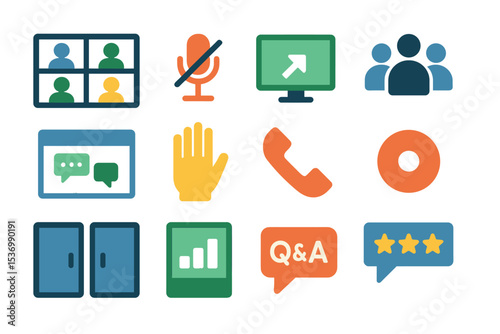 Colorful symbols representing video conferencing and communication tools