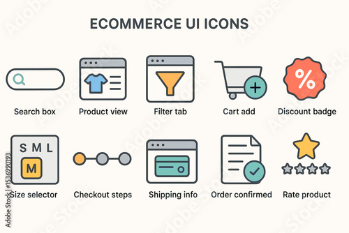 Ecommerce ui icons: search, product view, cart, discount, shipping, rating