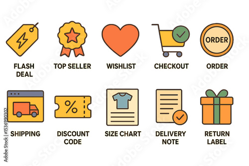 Online shopping icons set: flash deal, wishlist, checkout, order, discount