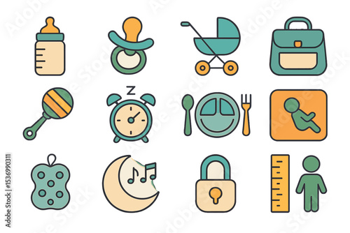 Baby essentials icon set featuring bottle, pacifier, stroller, and more