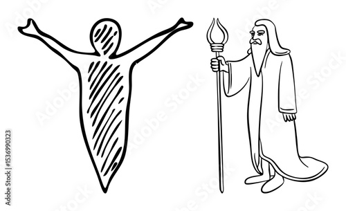 Vector Stylized figures depict a worshiper and a bearded elder with a staff.