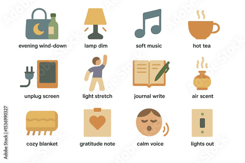 Evening relaxation routine icons with lamp, soft music, hot tea, and cozy blanket