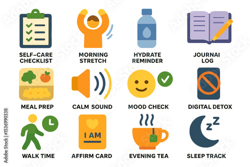 Self-care icons: checklist, stretch, hydration, journal, meal prep, mood, digital detox, walk, affirmations, tea, sleep