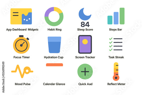 Colorful digital interface icons for health and productivity apps