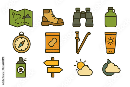 Outdoor adventure equipment icons: map, boots, binoculars, compass, sunscreen, more