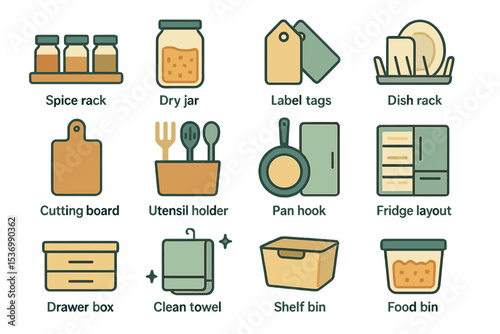 Kitchen essentials icons: spice rack, utensil holder, cutting board, fridge layout, clean towel