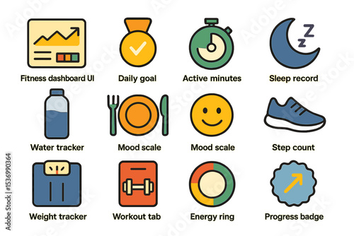 Fitness dashboard ui elements: daily goal, sleep record, workout tab, energy ring, mood scale