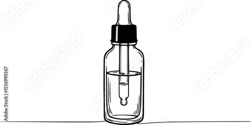 Vector drawing of a essential oil Bottle with dropper. Linear illustration of glass vial with liquid painted by black inks for aromatherapy or herbal medicine. Outline etching for apothecary design.