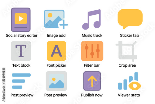 Colorful social media editing icons: music, text, image, and more