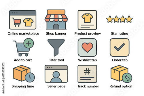 E-commerce icons: shopping cart, product preview, star rating, shipping, wishlist