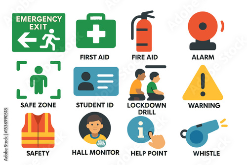 Emergency preparedness icons: safety, first aid, and evacuation symbols