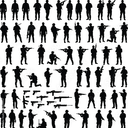 Military Army Soldier Silhouettes with Weapons and Gear vector