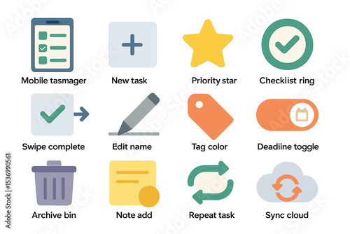 Task management icons: checklist, priority, cloud sync, and more