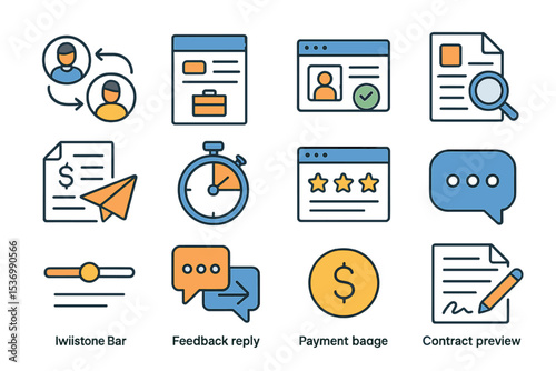 Business and communication icons: user profiles, feedback, stopwatch, chat, payment, contracts